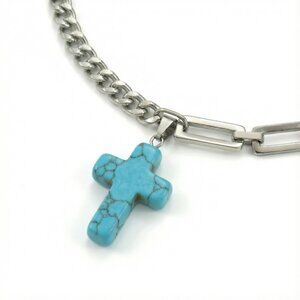 Men's Stainless Steel Cross Necklace Adjustable Hybrid Chain Natural Gemstone